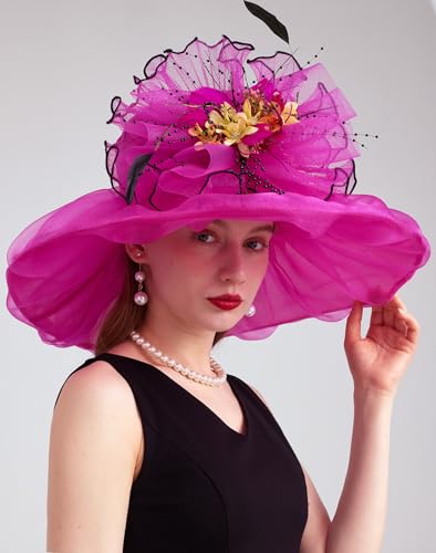 Women Organza Derby Hat Fascinator Tea Party Wedding Church Derby Hat Fascinator Hats Dual-use - color: 02d Rose Red