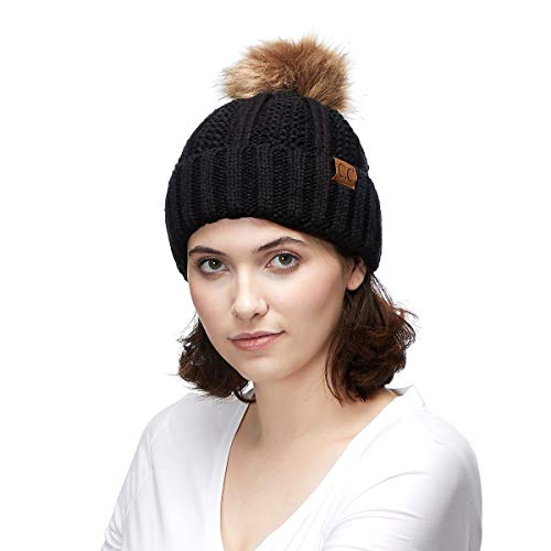 C.C Exclusives Fuzzy Lined Knit Fur Pom Beanie Hat (YJ-820) - color: Black
