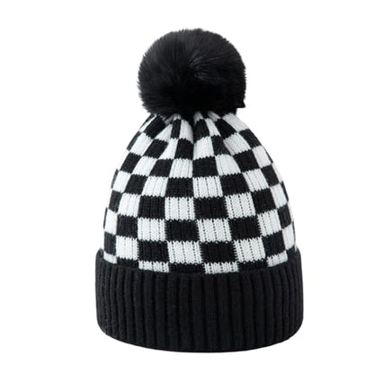 Unisex Classic Checkered Beanie Cuffed Winter Warm Knitted Plaid Hat with Pompom - color: Black White