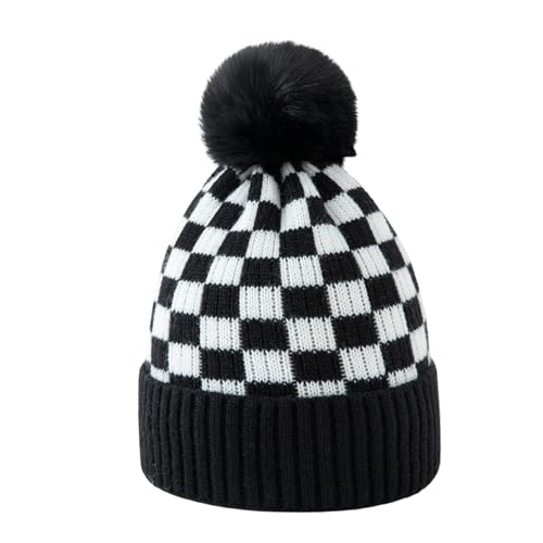 Unisex Classic Checkered Beanie Cuffed Winter Warm Knitted Plaid Hat with Pompom - color: Black White