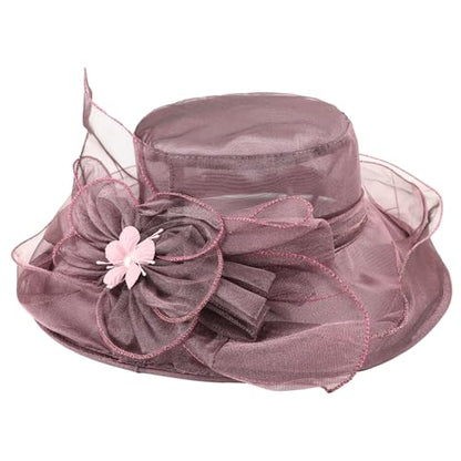 AQOKKA Women Organza Church Fascinators Kentucky Derby Hats for Women and Girls Wedding Flower Tea Party Hat with Wide Brim - color: Simulated Flower : Dark Purple