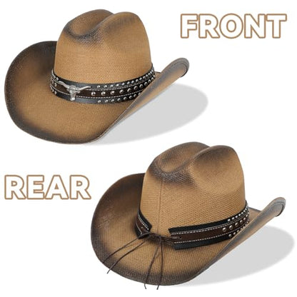 WQWOVRVO Cowboy Hat,Cowgirl hat,Brown Cowboy Hats for Women/Mens Straw Wide with Shapeable Brim Western Cowboy Hat for Womens - color: Brown & Coffee Color