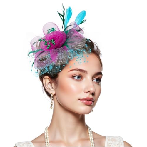 Zando 2026 Mesh Ken-Tucky Derby Fascinators Hats for Women Girls with Clip and Headband Vintage Wedding Church Tea Party - color: Green & Hot Pink & Blue