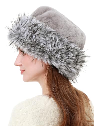 sy soul young Women's Leopard Faux Fur Hats Fluffy Bucket Hat Russian Style - color: Gray and Black Tips