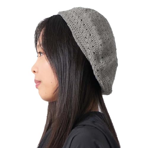 CHARM Womens Mens French Beret Hat - Hand Knit 100% Cotton Crochet Caps Girl Scouts-Bohemian Style Summer Beanie - color: Charcoal Gray