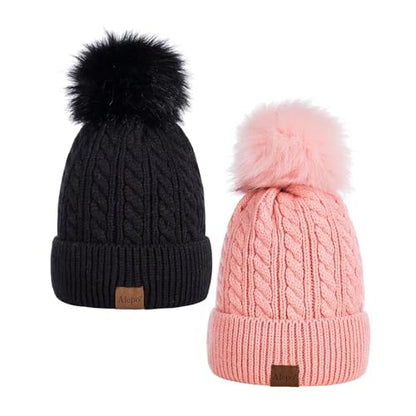 Alepo Womens Winter Beanie Hat, Warm Fleece Lined Knitted Soft Ski Cuff Cap with Pom Pom - color: Black+pink