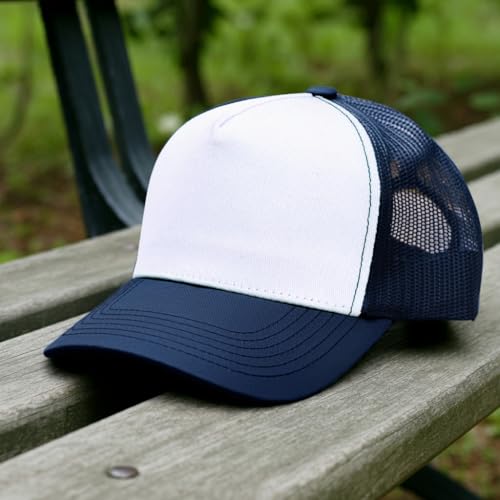 Falari 5-Panel Mesh Baseball Cap, Trucker Hat, Structured Plain Design, Cotton, Adjustable Size - color: 1pk Navy