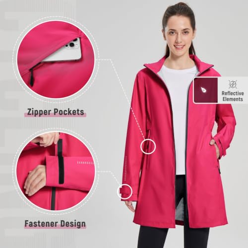 baleaf Women's Long Rain Coat Lightweight Packable Jacket with Hood - color: Rose Red, size: XX-Large