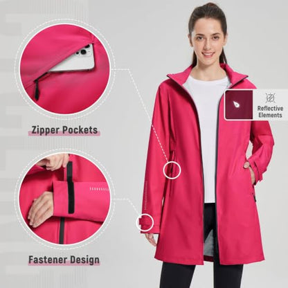 baleaf Women's Long Rain Coat Lightweight Packable Jacket with Hood - color: Rose Red, size: X-Large