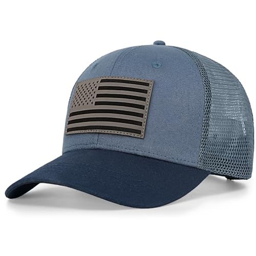 American Flag Trucker Hat - Snapback Hats for Men Women Baseball Cap - Breathable Mesh & Adjustable Fit for Casual Wear - color: Meteorite Black Blue