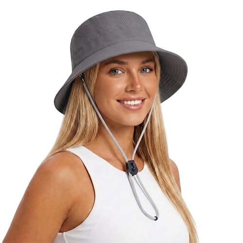 Summer Bucket Hats for Woman Lightweight Foldable Adjustable Fishing Hiking Outdoor Sun Hat UV Protection Quick Dry - color: Gray
