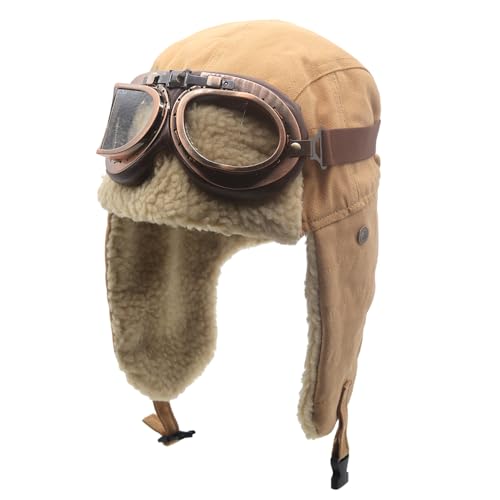 Adults Vintage Aviator Hat Trapper Cap - color: Khaki Hat+clear Lenses