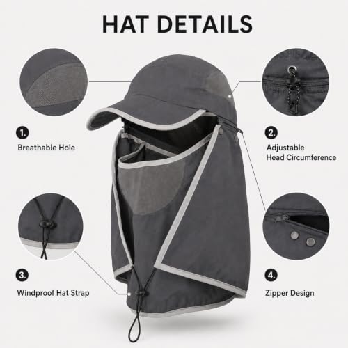 HUAMULAN Women Wide Brim Sun Hat Ponytail UV Protection Visor Fishing Cap - color: Dark Gray With Foldable Visor