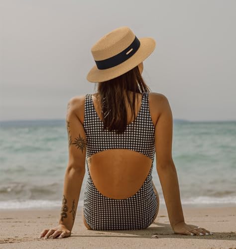 Straw Boater Summer Sun Hat - Wide Brim Fedora Panama Beach Hat for Women - color: Khaki10