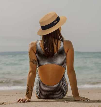 Straw Boater Summer Sun Hat - Wide Brim Fedora Panama Beach Hat for Women - color: Khaki10
