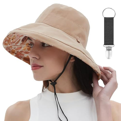 vidsel Womens Sun Hats Wide Brim Reversible Bucket Cotton Hat with Hat Clip - color: Khaki, size: Medium