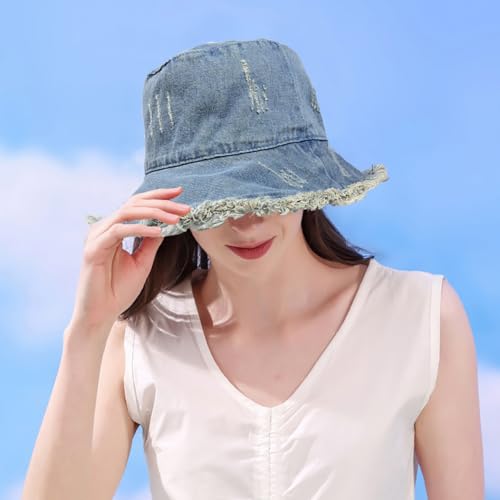XYIYI Unisex Denim Washed Cotton Bucket Hat Vintage Beach Sun Hat - color: Denim Light Blue