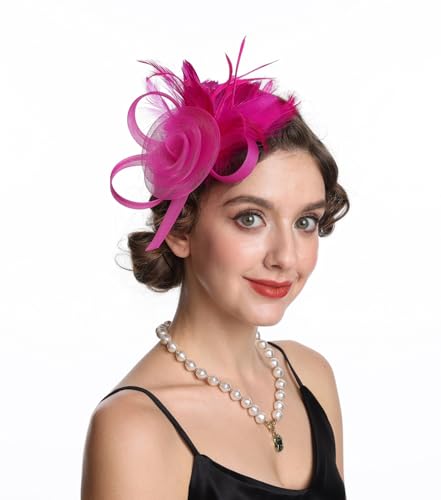 SAFERIN Women's Fascinators Feathers Tea Party Hat Veil Headband with Hair Clip for Cocktail Church - color: M-rose Red