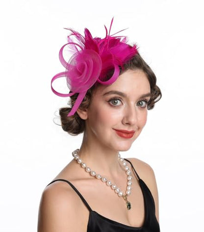 SAFERIN Women's Fascinators Feathers Tea Party Hat Veil Headband with Hair Clip for Cocktail Church - color: M-rose Red