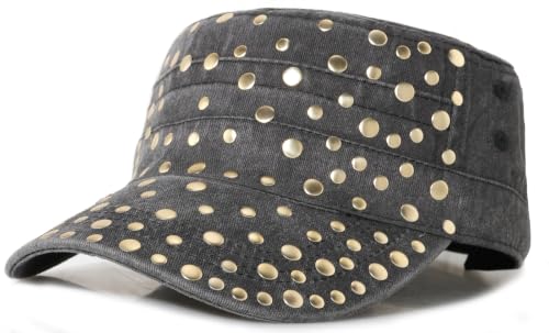 Studded Military Cap for Women Men Cadet Army Cap Flat Top Hat - color: Black