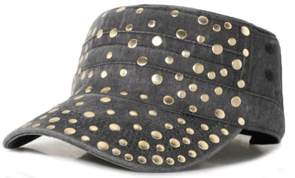 Studded Military Cap for Women Men Cadet Army Cap Flat Top Hat - color: Black