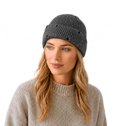 Unisex Warm Knit Skull Cap Hip-hop Slouchy Ripped Knitted Hat - color: Dark Grey