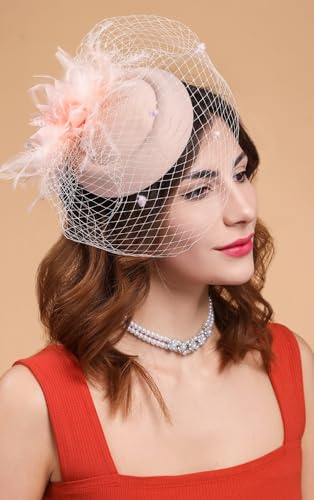 Fascinators Hats for Women Pillbox Hat 20s 30s 50s Vintage Feather Headwear Bowler Flower Veil Wedding Tea Party Hat - color: X-peach