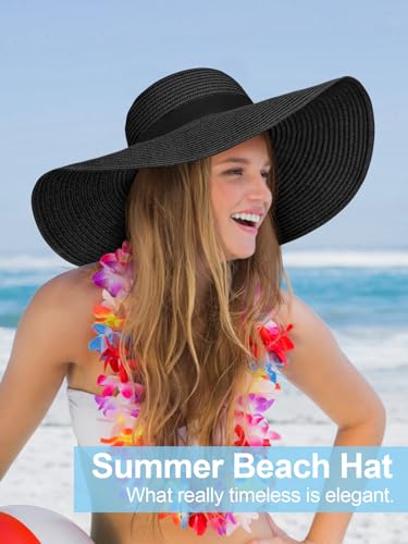Floppy Sun Hats for Women, Summer Wide Brim Straw Beach Hat - color: Black, size: X-Large