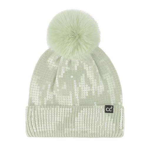C.C Sequin Pom Beanie for Women - Acrylic Stretchable Soft Warm Knit Winter Skully Hat with Yarn Pom - color: Clear Sequin-dusty Mint