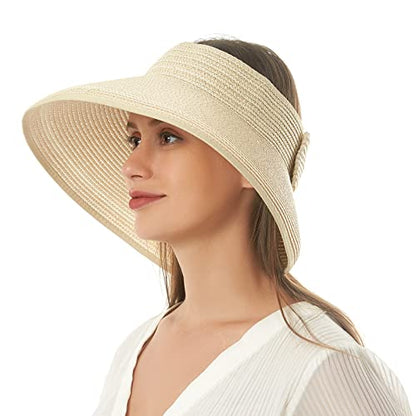 Women Sun Visors Foldable Straw Hats Summer Beach Packable Hat Floppy Wide Brim Cap Deep Style, Adjustable Size - color: Beige New