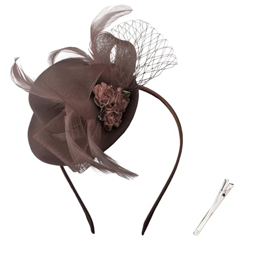 AMCAMI Fascinators Hats for Women Girls 2026 Derby Hats Tea Party Hat with Headband and Clip - color: Brown