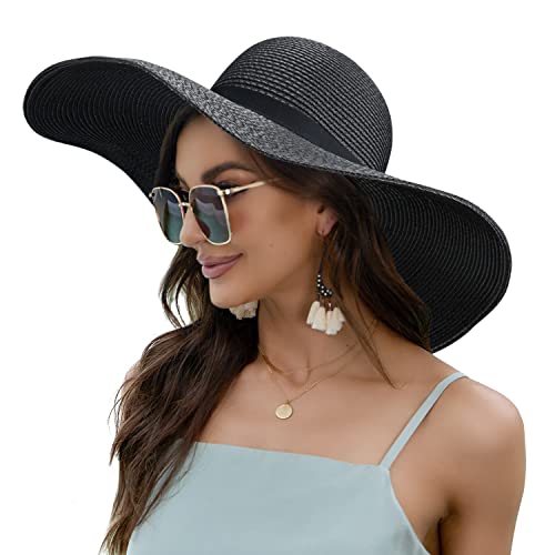 Women Wide Brim Sun Hat UPF50 Straw Summer Hat Floppy Beach Hat Roll-Up - color: Tie Black
