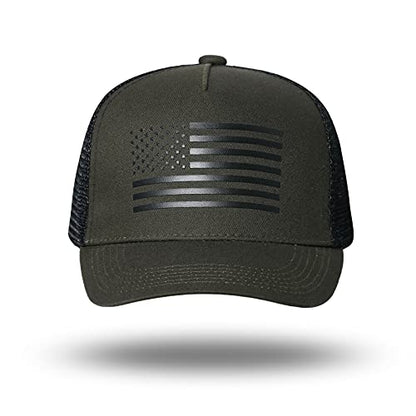American Flag Trucker Hat - Snapback Hat, Baseball Cap for Men Women - Breathable Mesh Side, Adjustable Fit - for Casual Wear - color: Olive/Black