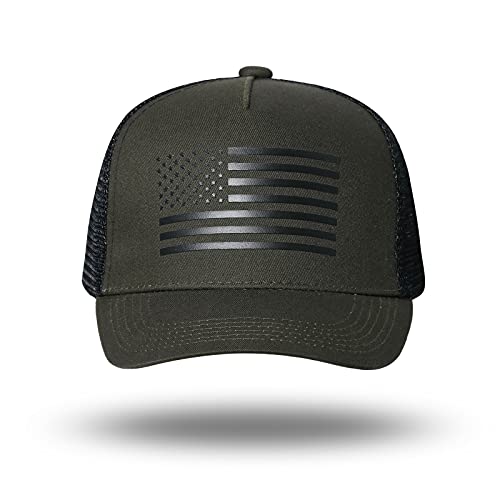 American Flag Trucker Hat - Snapback Hat, Baseball Cap for Men Women - Breathable Mesh Side, Adjustable Fit - for Casual Wear - color: Olive/Black