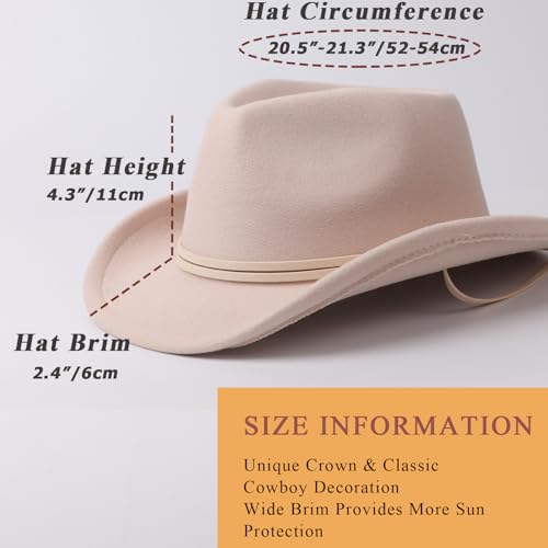 AQOKKA Cowboy Hat Wide Brim Western Cowgirl Hat with Buckle Belt Felt Fedora Cowboy Hat for Girl - color: Beige