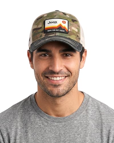 Jeep Have Fun Out There Patch Garment Washed Trucker Hat Unstructured for Men & Women - Adjustable Snapback Baseball Cap - color: Camo