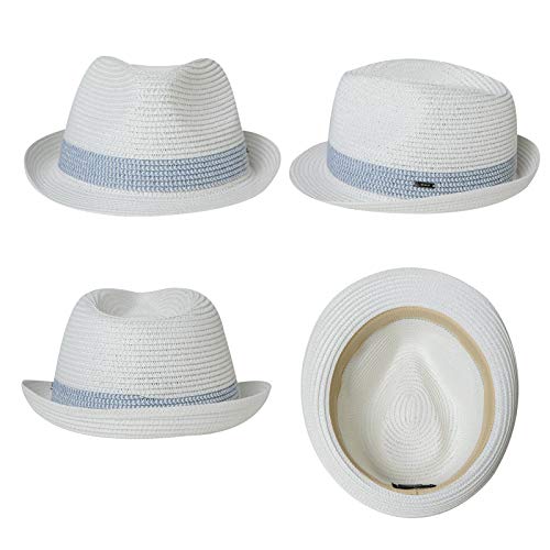 Fancet Packable Straw Fedora Panama Sun Summer Beach Hat Cuban Trilby Men Women 56-67cm - color: White-blue, size: Small