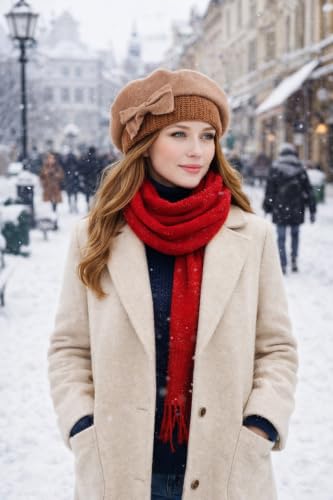 VECRY Lady French Beret 100% Wool Beret Floral Dress Beanie Winter Hat - color: Bow-camel