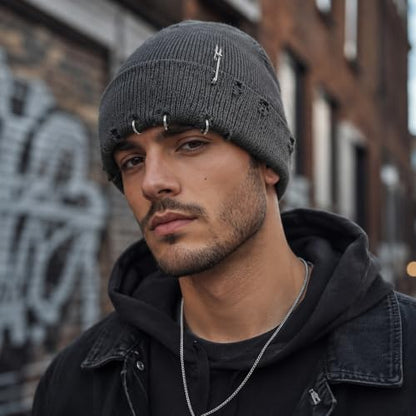 Distressed Ring Beanie Hat for Women Men Slouchy Skull Cap - color: Grey