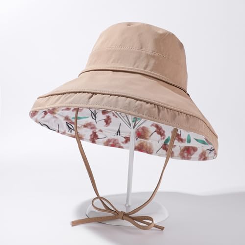 HUAMULAN Women Wide Brim Reversible Sun Hat Summer Beach Fishing Bucket - color: Khaki Floral