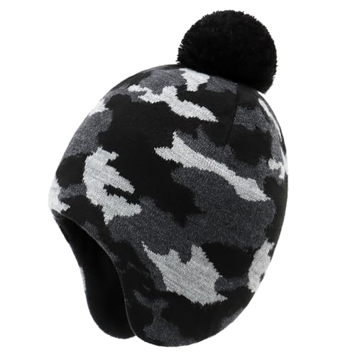 Duoyeree Kids Beanie Dinosaur Pom Pom Knit Winter Hat Fleece Lined for 1-7T - color: 1a-blackgray, size: 2-4T