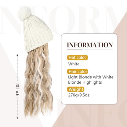 Flufymooz FLmaozi Beanie Wig, Hat Hair Extension Long Wavy White Hat Wig with Faux Fur Pom Hat, wig hat Attached 20 Inch Synthetic Hairpiece for Women Girls Winter (Light Blonde with White Blonde) - color: White Hat-light Blonde With White Blonde Highligh