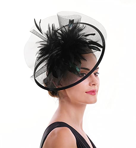 SAFERIN Women's Fascinators Feathers Tea Party Hat Veil Headband with Hair Clip for Cocktail Church - color: A-black