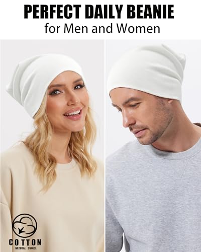 Thin 100% Cotton Fine-Knit Beanie Hat Slouchy Soft Chemo Skull Cap - color: 1-white