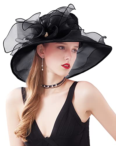 Women Derby Fascinator Hat Organza Church Wedding Hats Wide Brim Cocktail Tea Party Hat - color: 14black