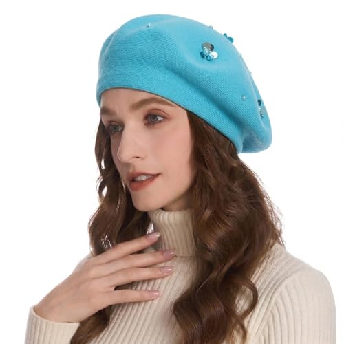 ZLYC Women French Beret Hat Reversible Knit Thickened Warm Artist Cap - color: Paillettes Blue