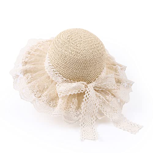 Baby Girl Straw Hat 3-6 Years Girls Summer Beach Hats with Bowknot Sun Protection Hats for Kids - color: Beige Lace
