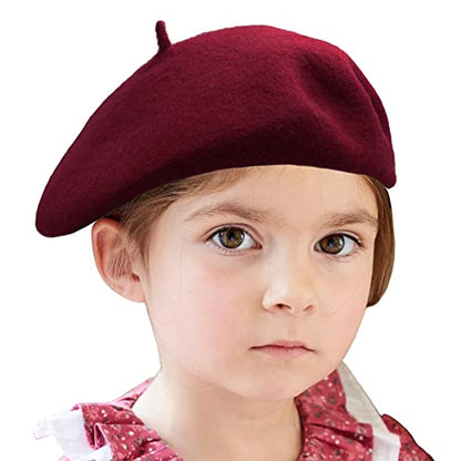 Wheebo Berets for Kids Wool French Beret Hats Artist Painter Hats for Little Girls Boys Solid Color Style - color: Burgundy