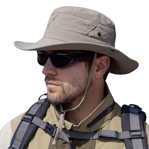 Sun Hat for Men Fishing Hat UPF 50+ Breathable Wide Brim Bucket Hats Summer UV Protection Safari Cap - color: Khaki