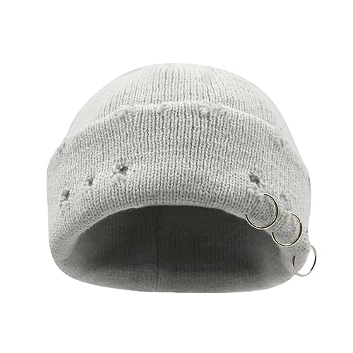 AIBEARTY Swag Short Fisherman Beanie for Men Women Rolled Cuff Beanie Skull Caps Wool Knit Winter Ski Hat with O Rings - color: Grey